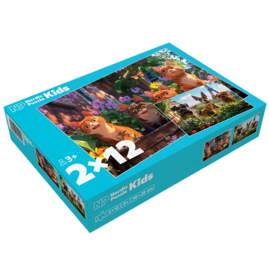Puslespill 2x12 brikker :  Katt og hund