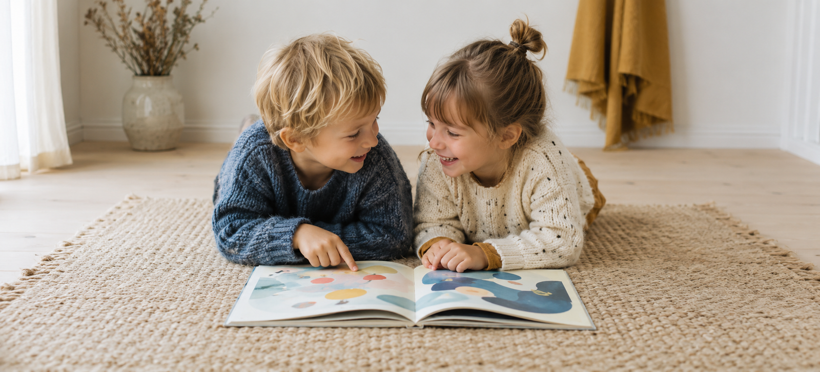 To søsken leser bildebok sammen på gulvet