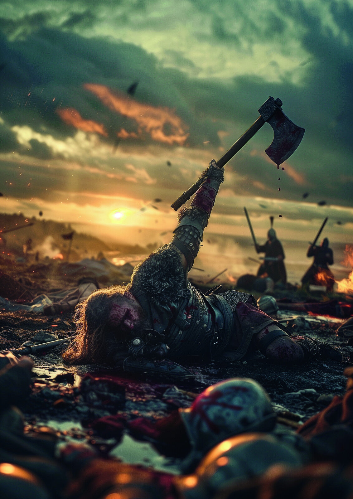 Fallen vikingkriger løfter øksen mot solnedgangen — illustrasjon fra Vikings